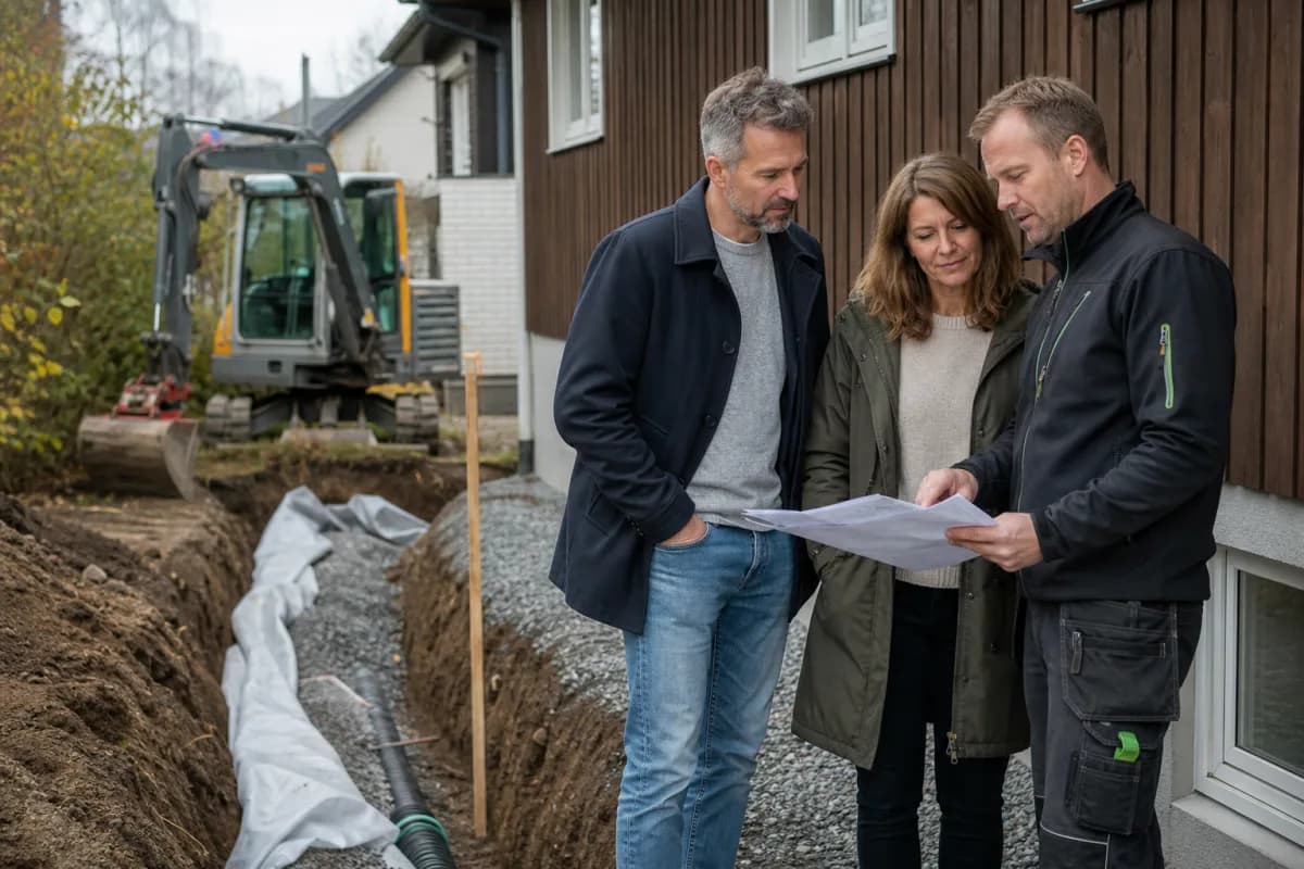 Husägare går igenom planen med en markentreprenör vid en pågående dränering