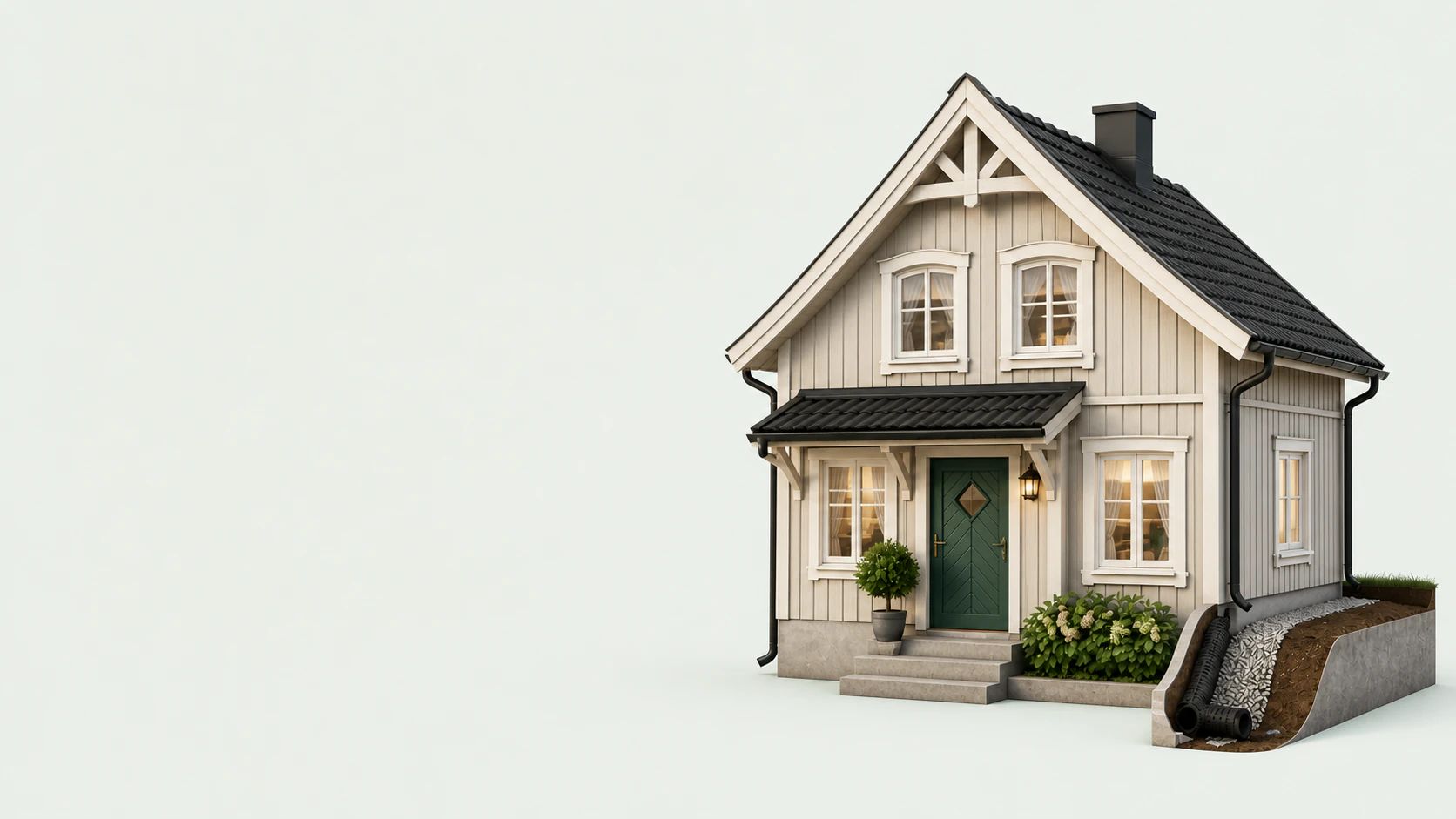 Villa med genomskärning som visar dräneringsrör och dränerande material längs husgrunden